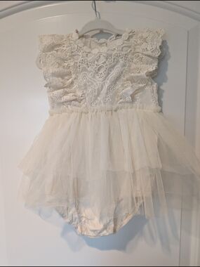 Lace Tulle Floral Romper Dress - Cream